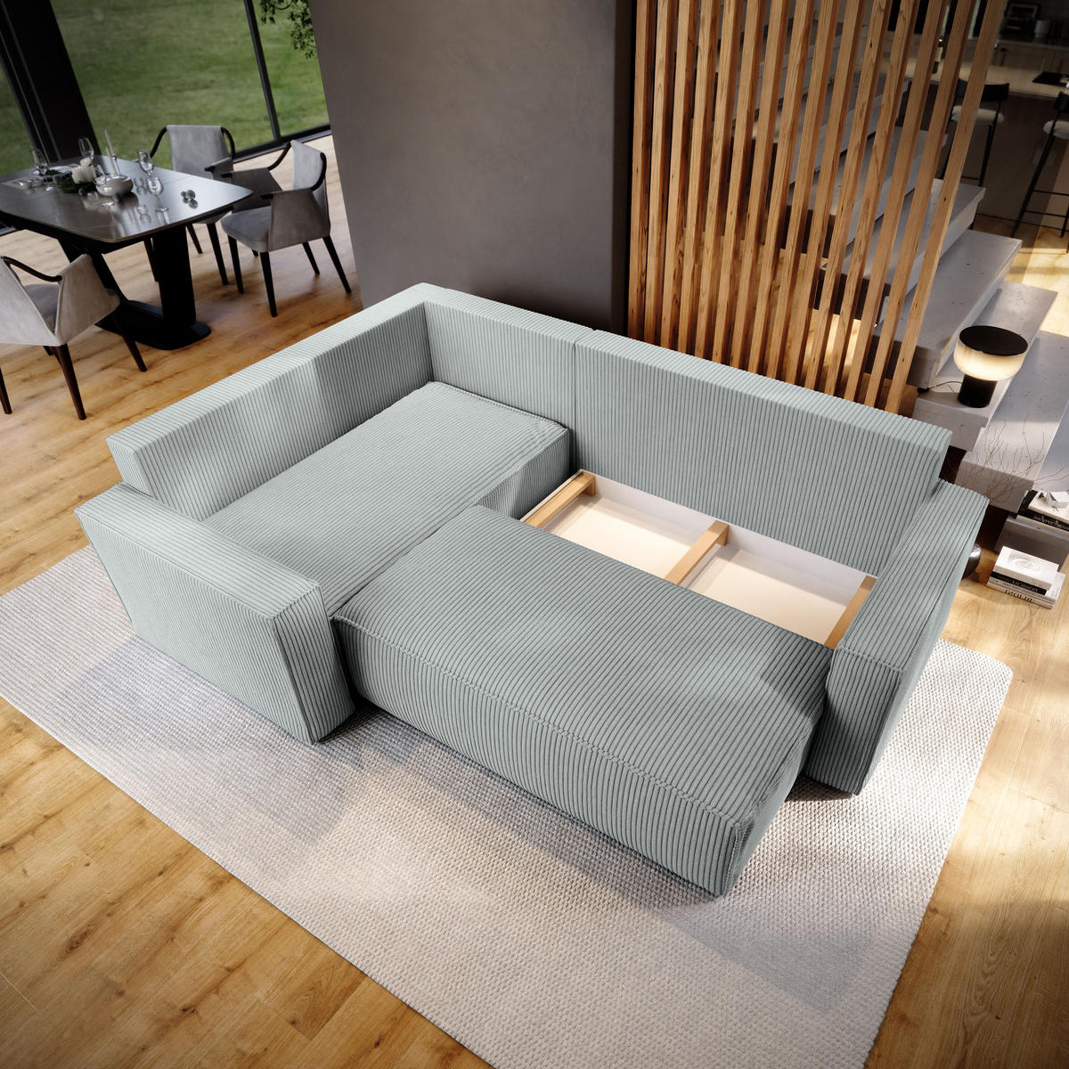 ECKSOFA ESTANO L-S Schwarz Kordstoff mit Schlaffunktion - Schwarz, Holz (230/158cm) - MASSENO