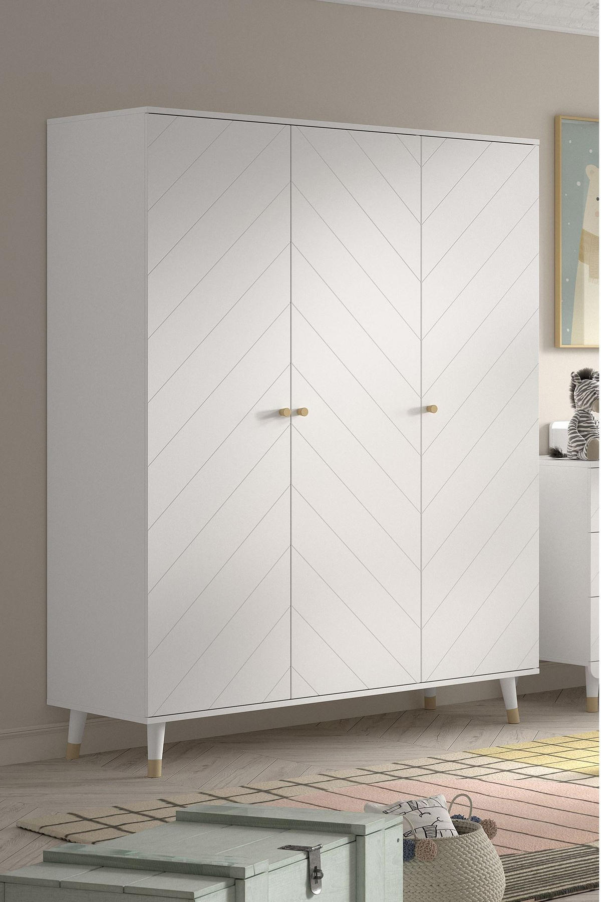 KLEIDERSCHRANK Kamillah 150x59x200 mit 3 Türen aus MDF in Satin Weiß - Weiß, Holzwerkstoff (150/200/59cm) - 58aufmkessel