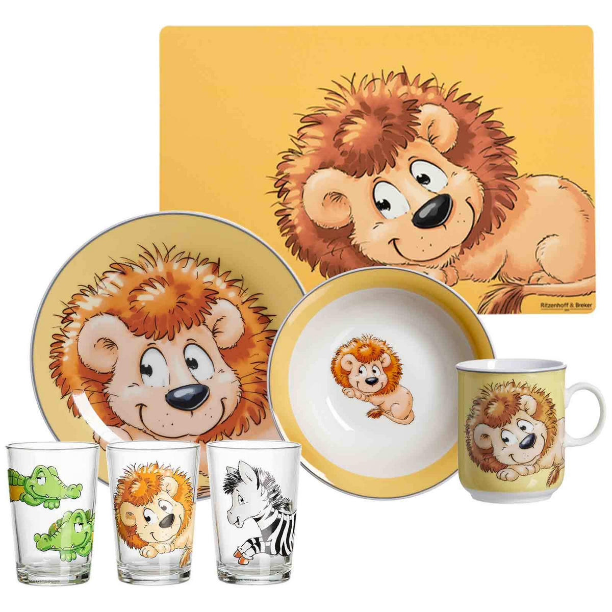 GESCHIRR-SET MIT KINDERBECHER Happy Zoo Löwe bunt 7er Set - Multicolor, Kunststoff (1/1/1cm) - Ritzenhoff Breker