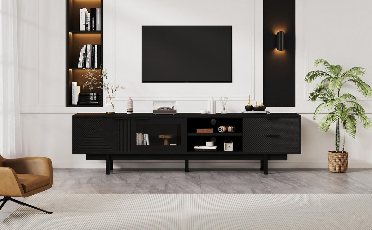TV-LOWBOARD aus Spanplatte 200x40x50,5 cm Schwarz mit 2 Türen, 2 Schubladen und Ablagefächern - Schwarz, Holzwerkstoff (200/50.5/40cm) - Modfu