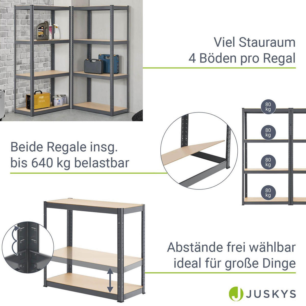 LAGERREGAL Easy grau 160x80x40 cm (2er-Set) - Grau, Metall (80/160/40cm) - Juskys