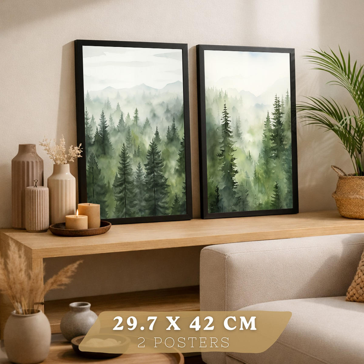 PLAKAT Sada 2 dekorativních tisků Nordic Forest Landscape obývák Obrázky - Zelené dekorativní plakáty Dekorace ložnice Obývací pokoj A4 černý rám - černá, papír (29.7/42/3cm)