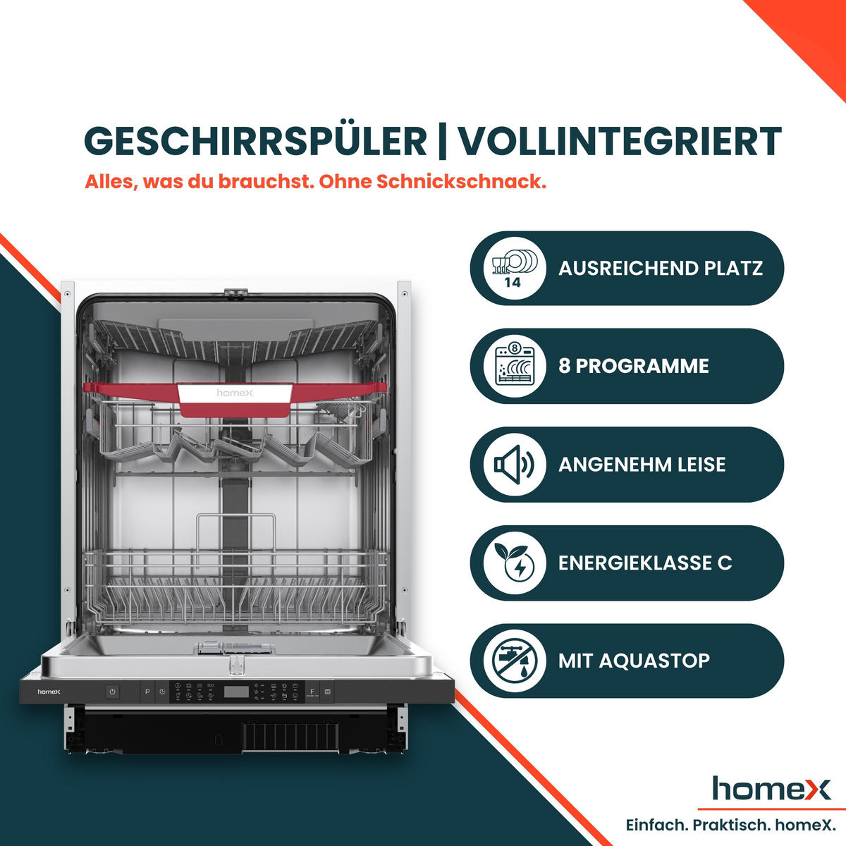 GESCHIRRSPÜLER vollintegrierbar 60 cm, Einbau Spülmaschine - 14 Maßgedecke, 8 Programme, AquaStop, Bodenlicht - Silberfarben, Kunststoff/Metall (59.8/81.5/55cm) - homeX