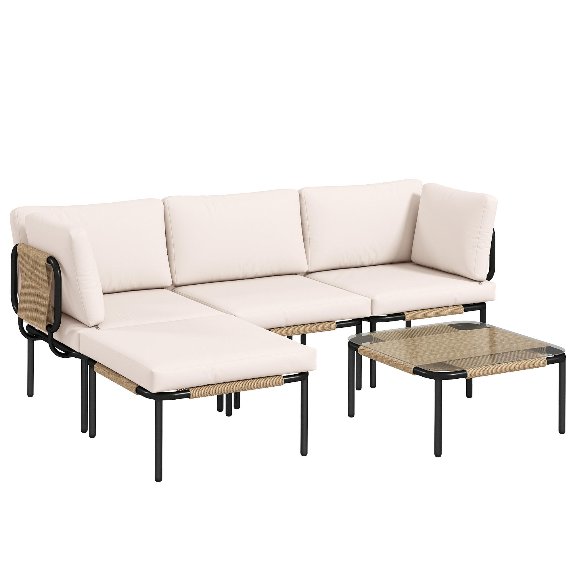 RATTAN-GARTENMÖBEL-SET 5er Set PE-Rattan Stahl Khaki - Beige/Schwarz, Textil/Metall - Outsunny