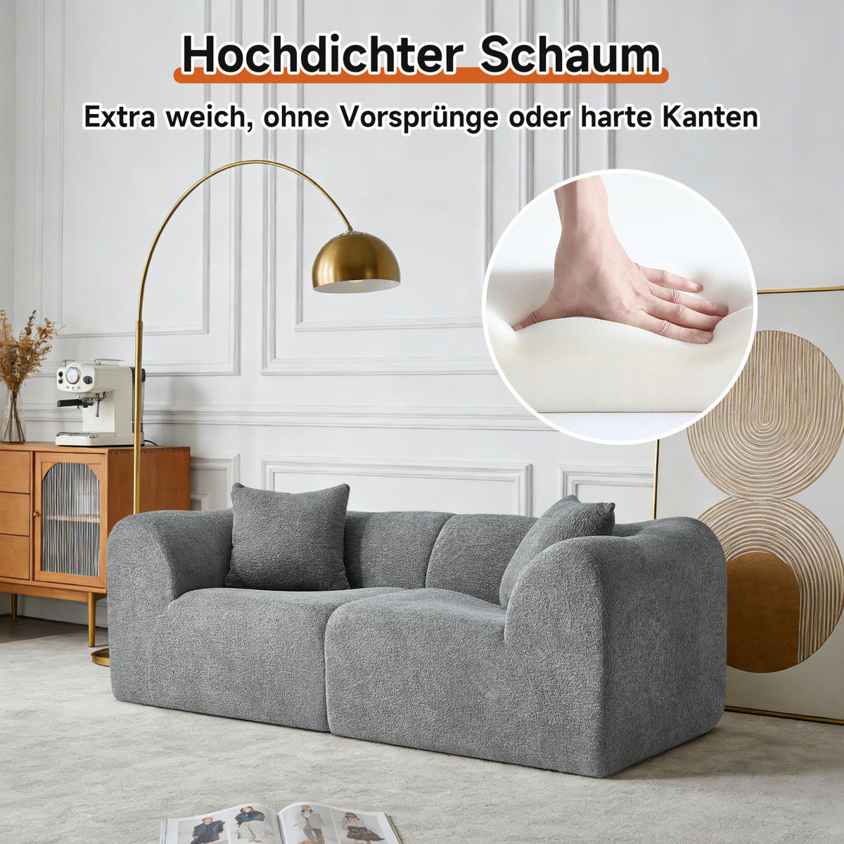2-SITZER Sofa Samt mit Kissen und Anti-Rutsch-Pads 193/87/67 cm Grau - Grau, Textil (87/67/193cm) - Redom