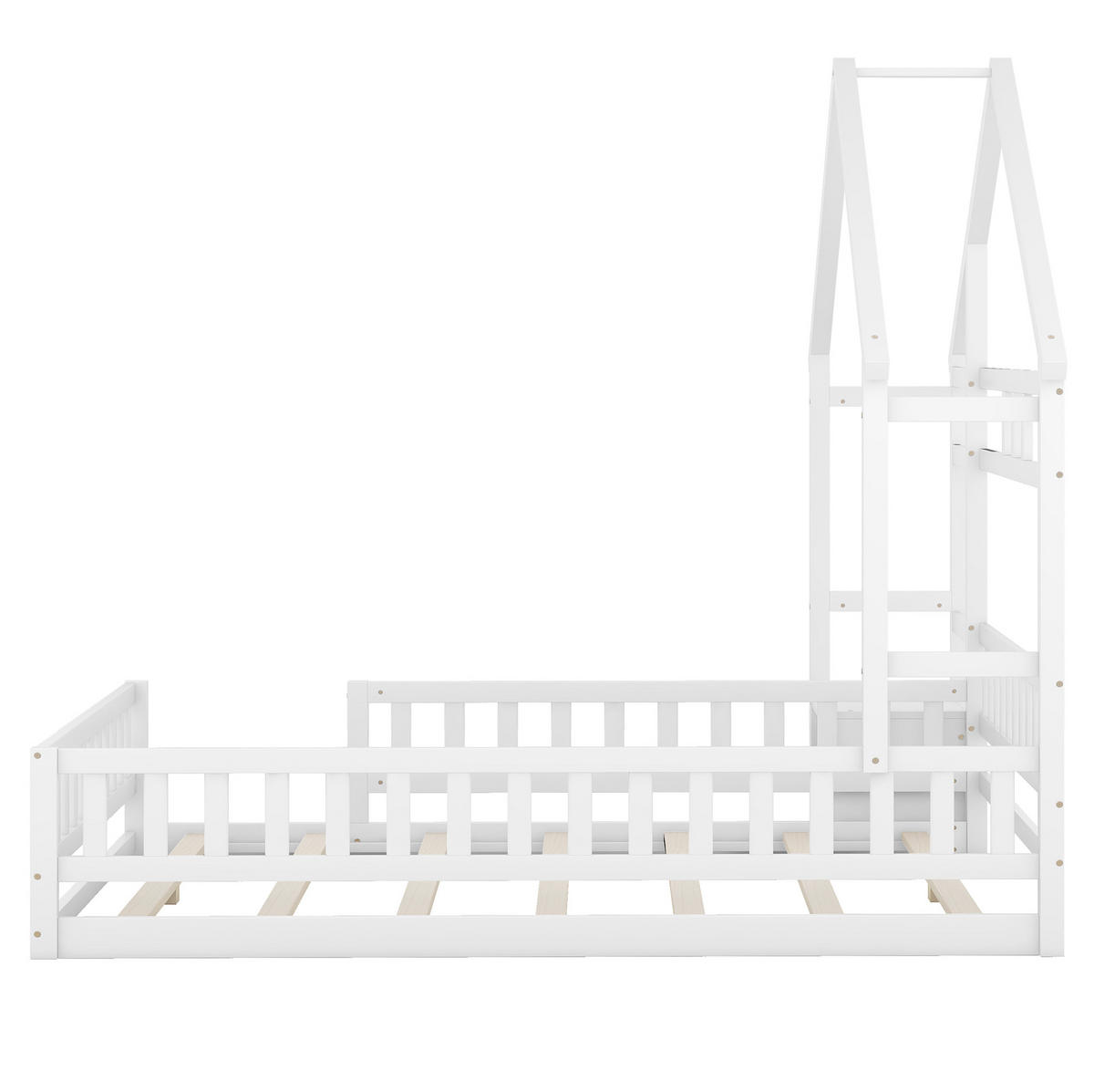 POSTELJA v obliki hiše 140/200 cm bela z ograjo in nočno omarico iz borovine in MDF - bela, les (140/200cm) - OKWISH