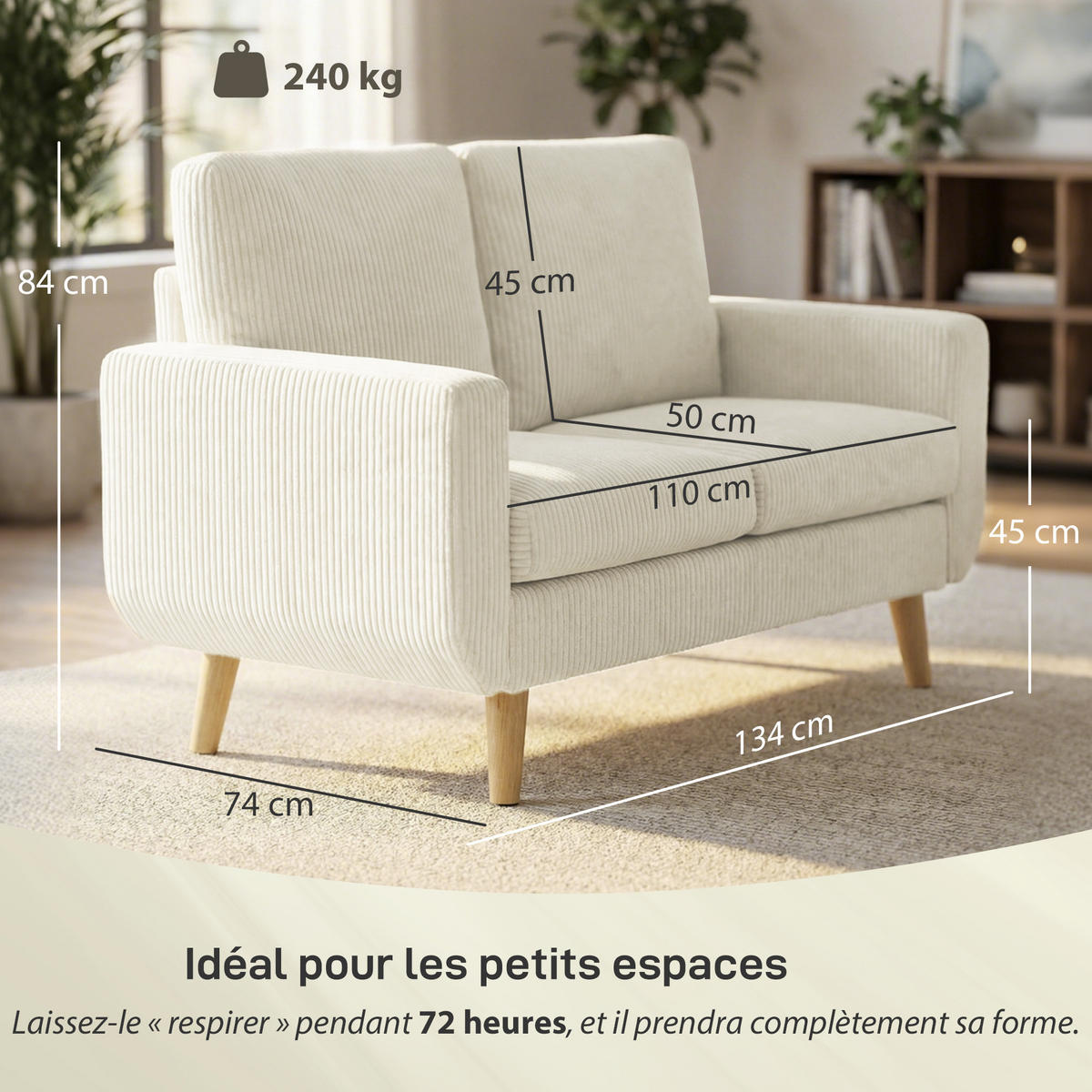 SOFA, 2-Sitzer, Cord, 134cm, Federkernkissen, cremefarben - Multicolor, Holzwerkstoff (134/84/74cm) - FORIOUS