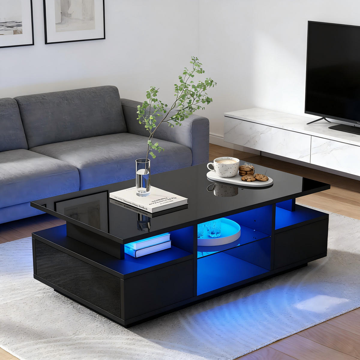 COUCHTISCH 100/50/36 cm Schwarz aus Spanplatte mit LED-Beleuchtung und 2 Schubladen - Schwarz, Holzwerkstoff (100/50/36cm) - OKWISH