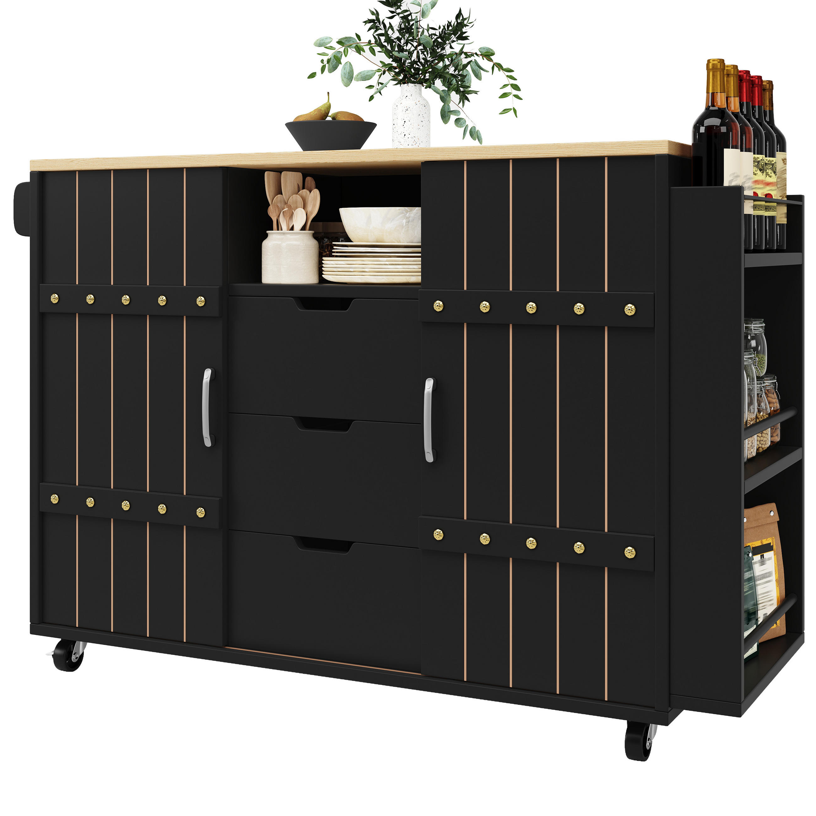 KÜCHENINSEL in Schwarz Küchenwagen mit Holzmaserung, Rollen, Arbeitsplatte,Gewürzregal und Handtuchhalter,B110/T42/H90cm - Schwarz, Holzwerkstoff/Metall (110/90/42cm) - STILVORA
