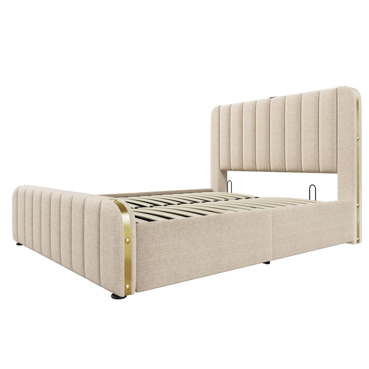 POLSTERBETT mit Stauraum und Matratze 140x200 cm Beige Leinen - Beige, Metall (140/200cm) - Meubliv