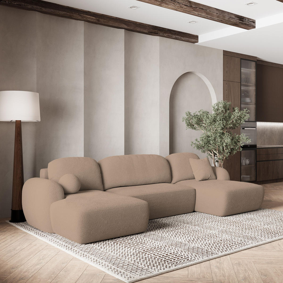 WOHNLANDSCHAFT SAVONA N Beige Boucle-Stoff mit Schlaffunktion - Beige, Holz (350/90/148cm) - MASSENO