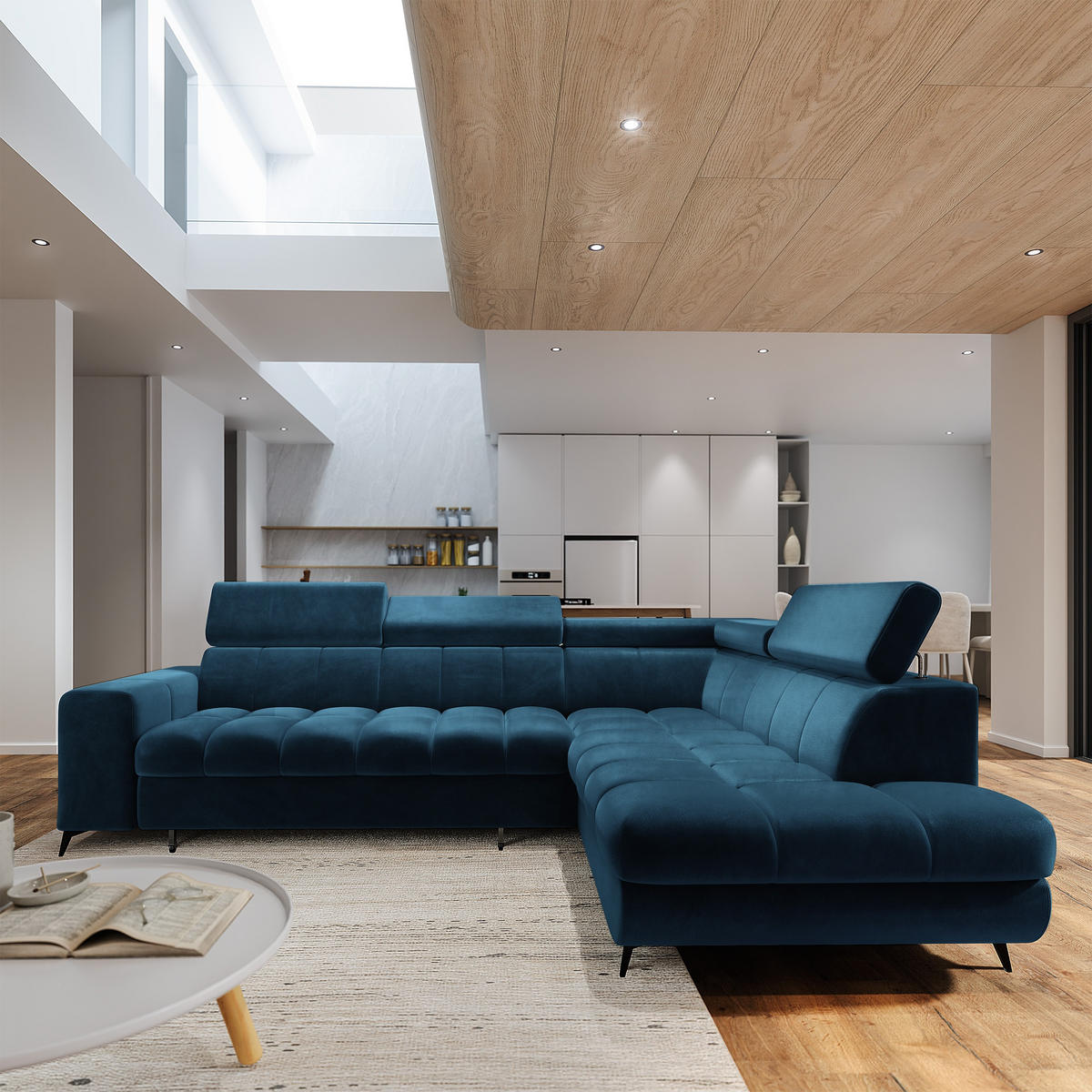 ECKSOFA MORIVA R-S Blau Velours-Stoff mit Schlaffunktion - Blau, Holz (253/190cm) - MASSENO