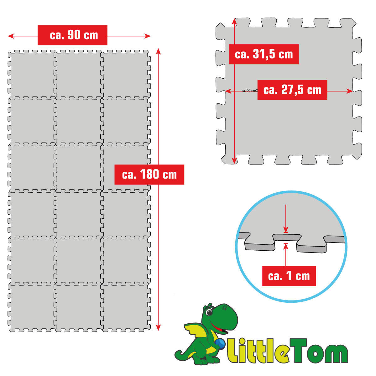 SPIELMATTE ab Null - 180/90/1 cm Puzzlematte Grau - Grau, Kunststoff (30/30cm) - Littletom