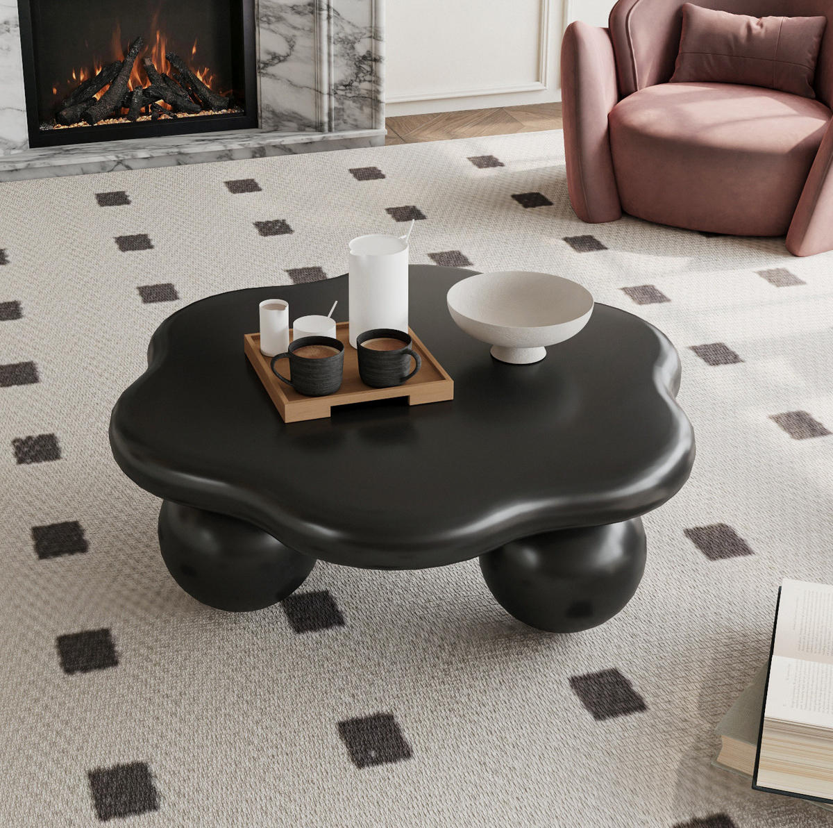 COUCHTISCH aus MDF 79x79x31 cm Schwarz mit wolkenförmiger Tischplatte und Kugelbeinen - Schwarz, Holzwerkstoff (79/79/31cm) - IVMEU