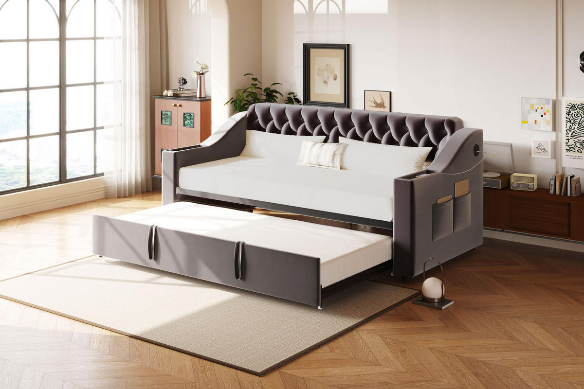 SCHLAFSOFA 90/180x190 cm mit USB, Ablage und Samtbezug, Dunkelgrau - Grau, Textil (215/78.5/98.5cm)