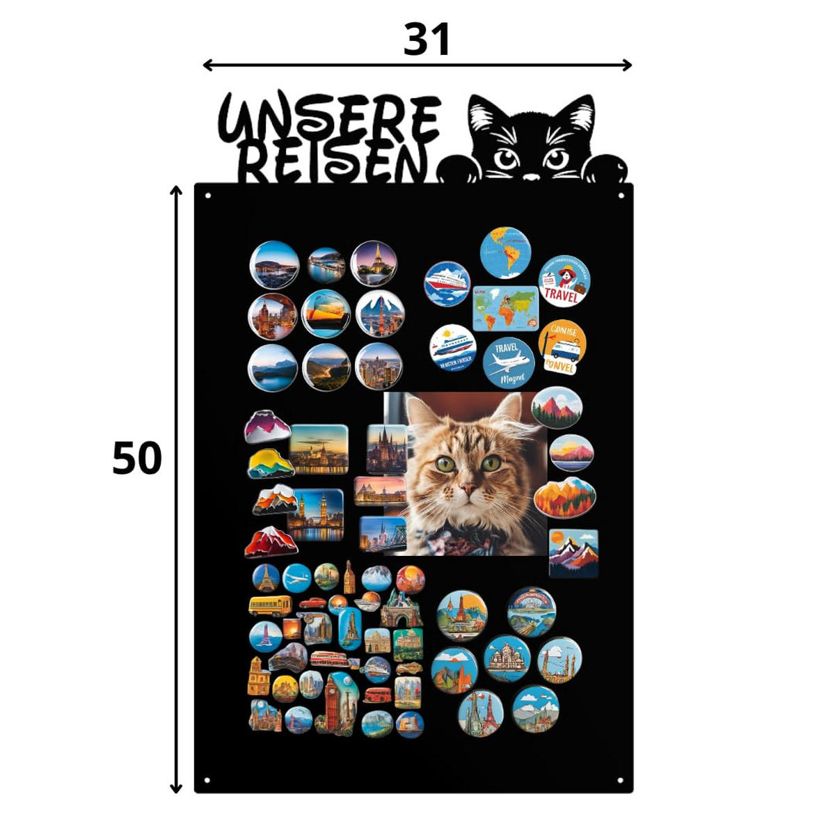 MAGNETTAFEL - Magnetische Pinnwand mit Katzenmotiv - ideal für Magnete und Notizen - magnetisches Whiteboard -Schwarz - 50x31 cm - Schwarz, Metall (31/50/0.7cm) - ANWICAR