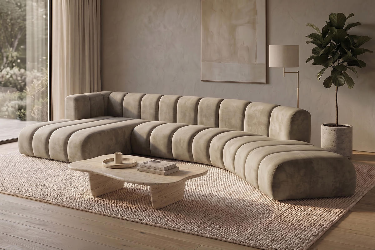 ECKSOFA Modulares In L-Form, Velvet-Stoff Riviera, Beige, Links, GRAND Round - Beige, Holz (445/179cm) - Kaiser Möbel