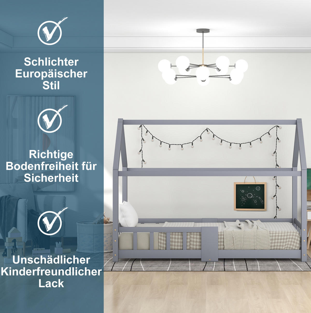 KINDERBETT Hausbett 90/200 cm mit Tafel, Lattenrost und Rausfallschutz aus Kiefernholz, Grau - Grau, Holzwerkstoff - Redom