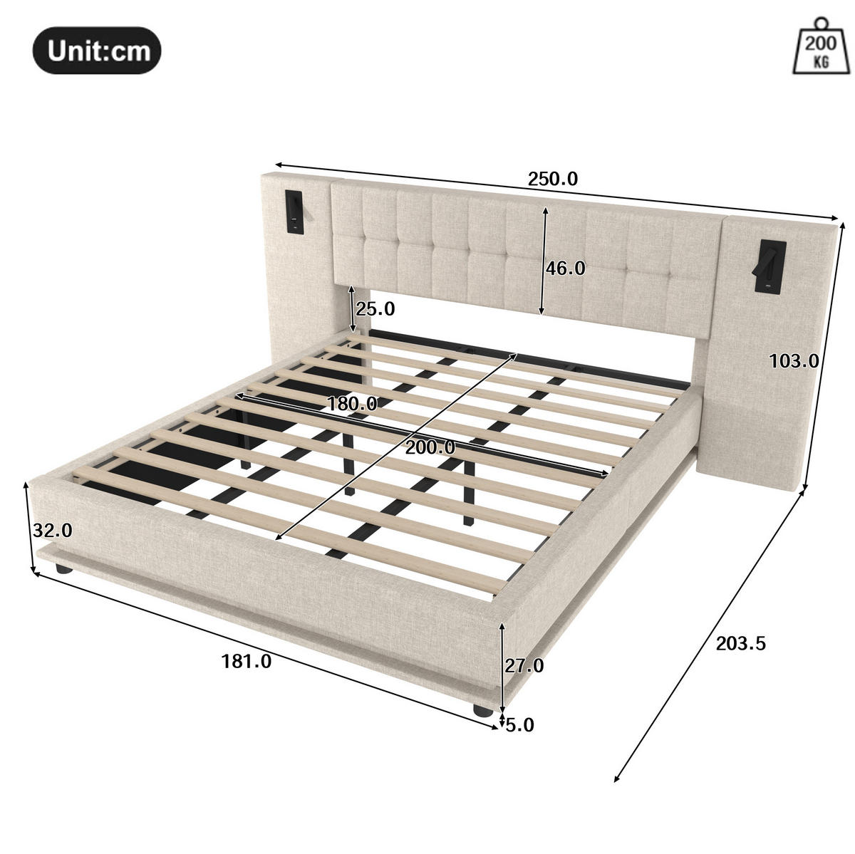 POLSTERBETT mit LED-Leiste 180x200 cm Leinen Beige - Beige, Metall (180/200cm) - Meubliv