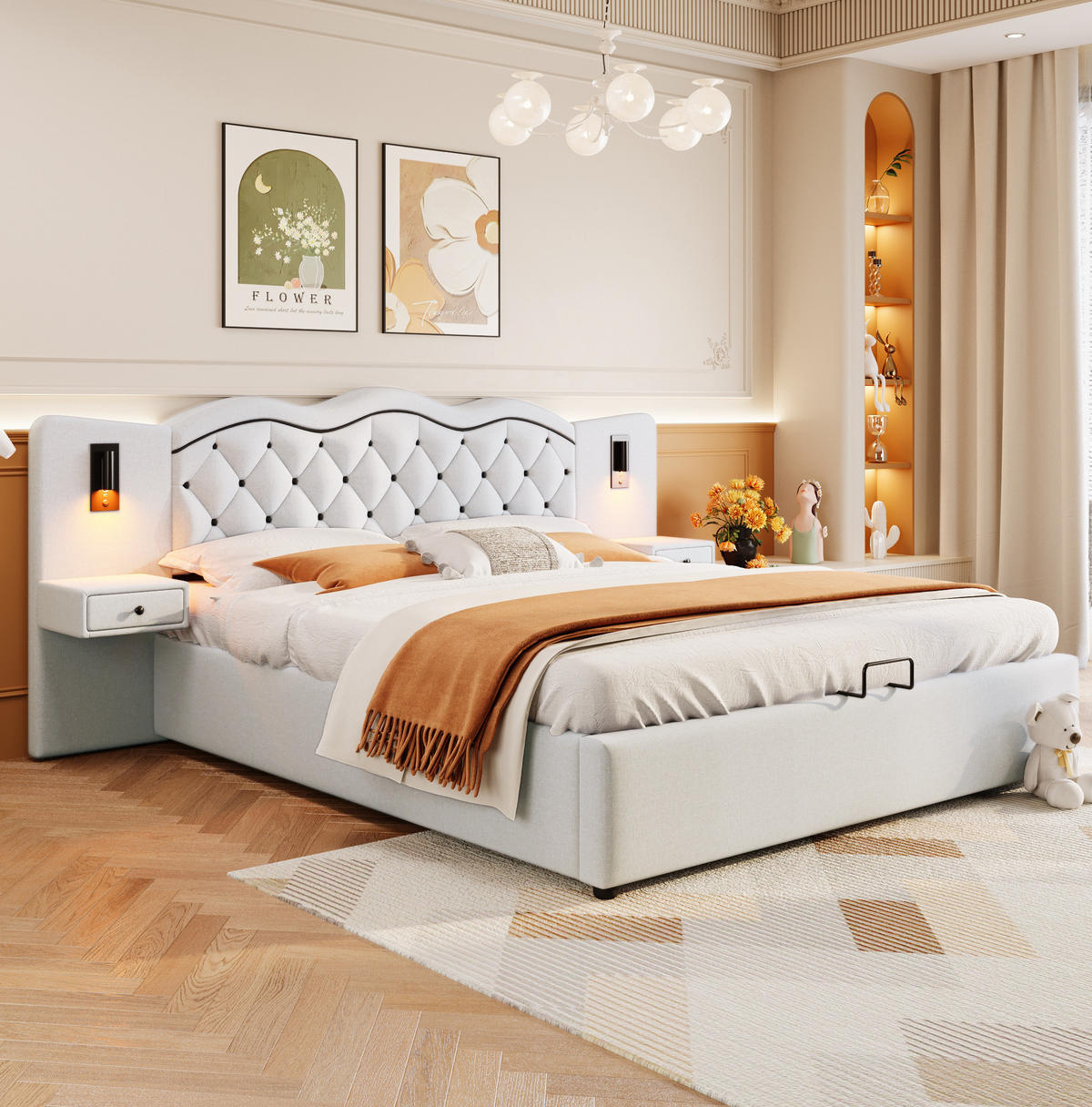POLSTERBETT 180/200 cm mit USB-Anschluss, Beleuchtung und hydraulischem Bettkasten aus Leinenimitat/MDF, Beige - Beige, Textil (180/200cm) - Redom