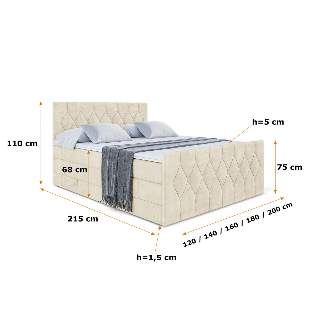 BOXSPRINGBETT VELANTO-Z KING - 200 x 200 - H3/H4 - Beige - Beige, Holzwerkstoff (200/200cm) - ALTDECOR