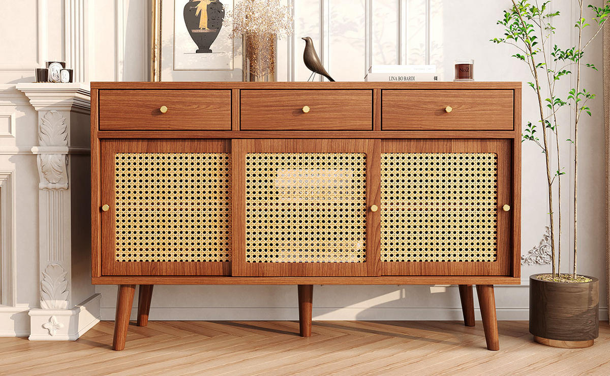 KOMMODE mit 3 Türen, 3 Schubladen, Rattan-Optik und verstellbaren Einlegeböden, 120 x 40 x 78 cm, Walnuss, MDF - Walnussfarben, Holzwerkstoff (120/78/40cm) - SONNENH