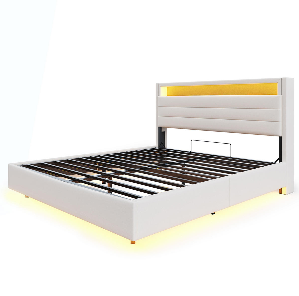 POLSTERBETT 140/200 cm Beige mit hydraulischem Stauraum und LED-Beleuchtung - Beige, Textil (140/200cm) - OKWISH
