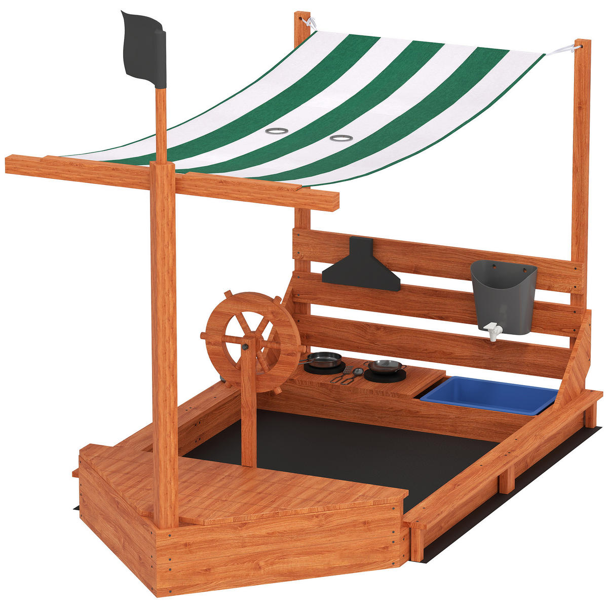 SANDKASTEN DE-10469 Piratenschiff mit Sonnendach & Küchenset Grün - Grün, Holzwerkstoff (180/103/144.5cm) - ComfortXL