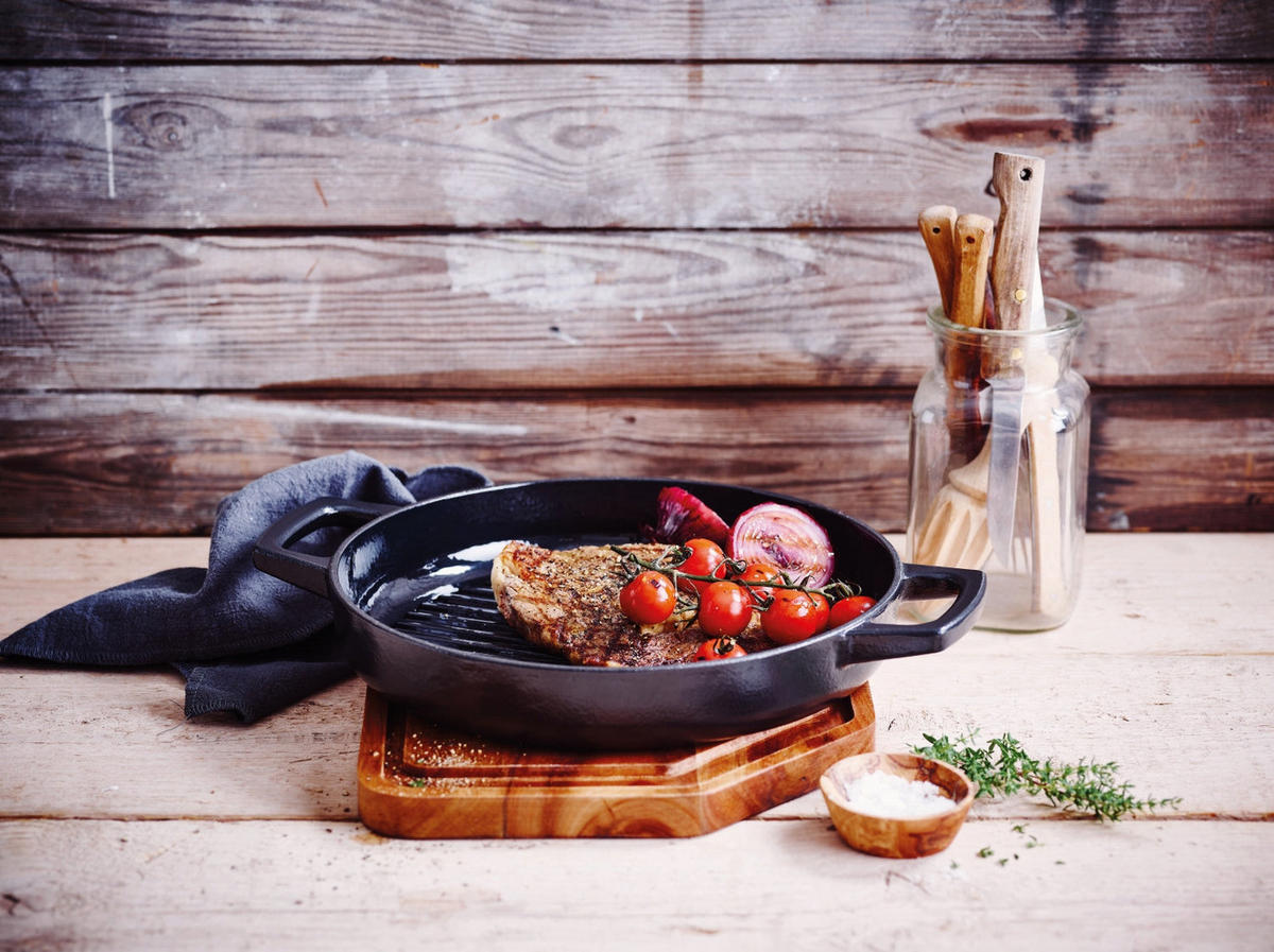 GRILLPFANNE / Grillplatte Nori ø 28 cm + Kostenlose Ledergriffe - für alle Herdarten geeignet - emaillierte Antihaftbeschichtung - Schwarz, Keramik (1/29/6cm)