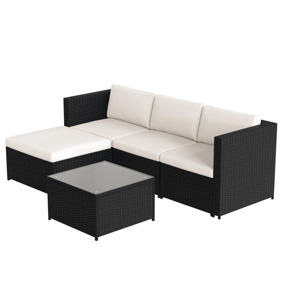 GARTENSETS aus Polyrattan 196x136x67cm Schwarz mit Couchtisch aus Glas - Schwarz, Metall - Modfu