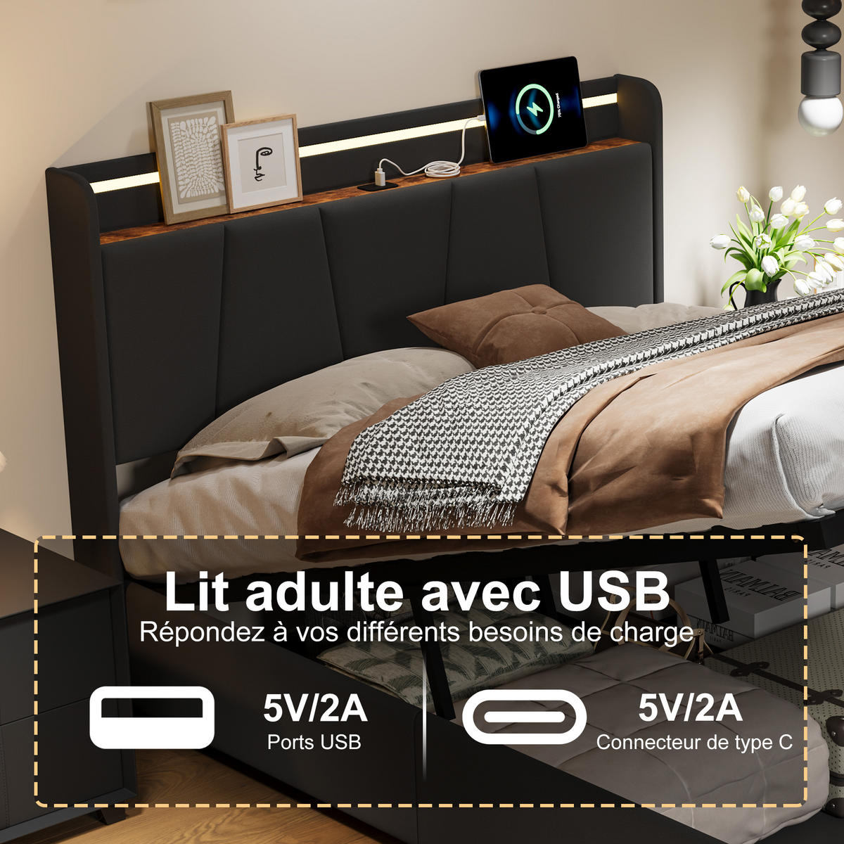POLSTERBETT 140x200 cm LED USB Stauraum Lattenrost dunkelgrau - Grau, Holz (140/200cm) - LEBENLANG