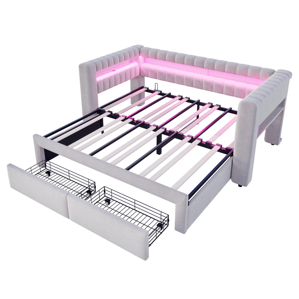 AUSZIEHBETT 90/180/190 cm mit LED und USB, DE-41682, in Hellgrau - Hellgrau, Metall (90/190cm) - ComfortXL