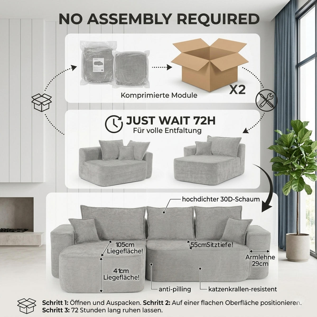 ECKSOFA 262/144/65 cm Grau mit Aufbewahrungsbeutel - Grau, Textil (262/144cm) - Oxeza