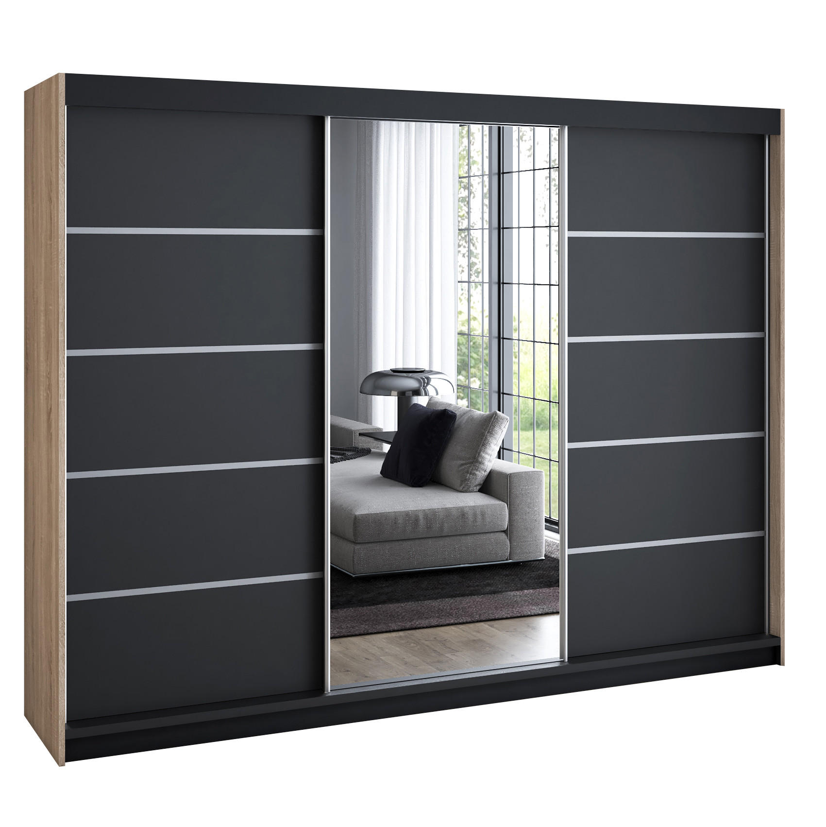 A&J MöbelLand Schwebetürenschrank Braun, Schwarz, Schwarz 200x215x59.5 cm