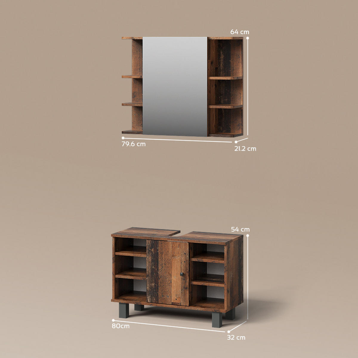BADMÖBEL-SET Fucino Eiche rustikal 2 Teile, Unterschrank 80 cm - Wildeiche, Holzwerkstoff (60/54/32cm) - Livinity®
