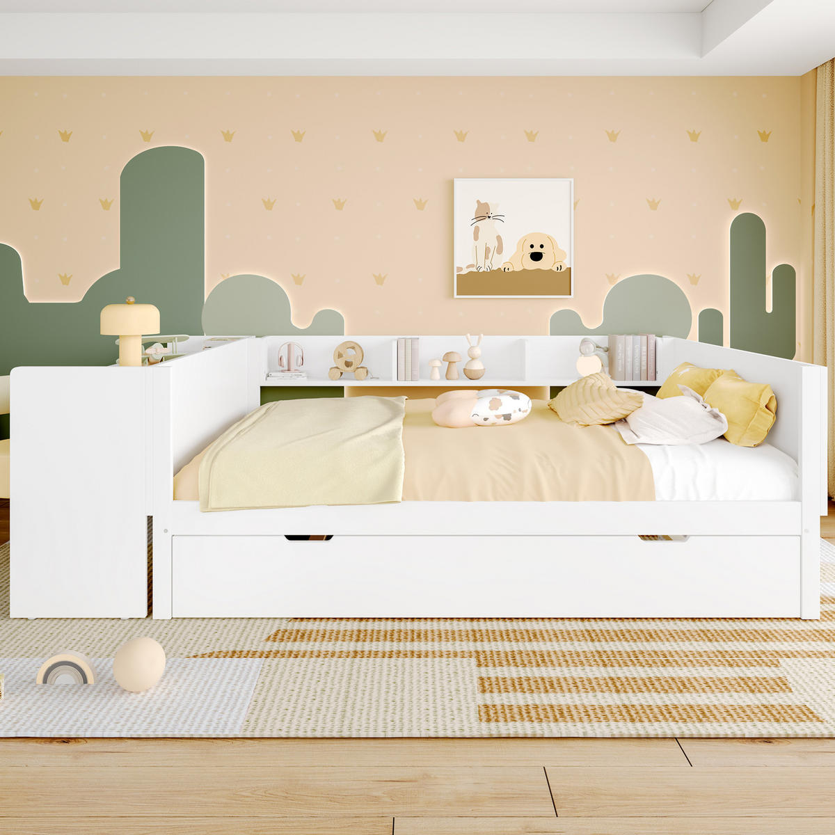 BETT 140/200 cm mit Schreibtisch, Rollbett und Regalen aus Kiefernholz in Weiß - Weiß, Holz (140/200cm) - BEAOK