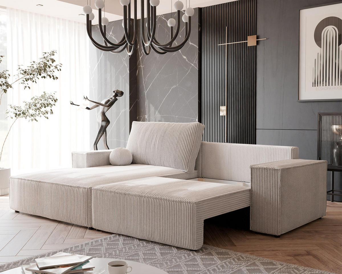 ECKSOFA HUGO Rechts, mit Schlaffunktion und Bettkasten, Creme - Creme, Textil (255/148cm) - Idohome