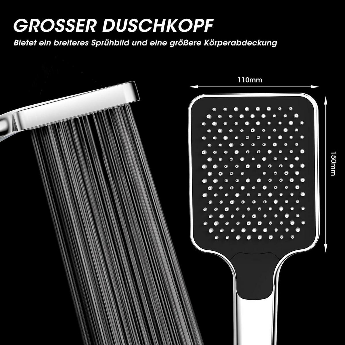 DUSCHKOPF mit Schlauch 2M Hochdruck Regendusche Wassersparend Silber - Silberfarben, Metall (19/12.7/28.5cm)