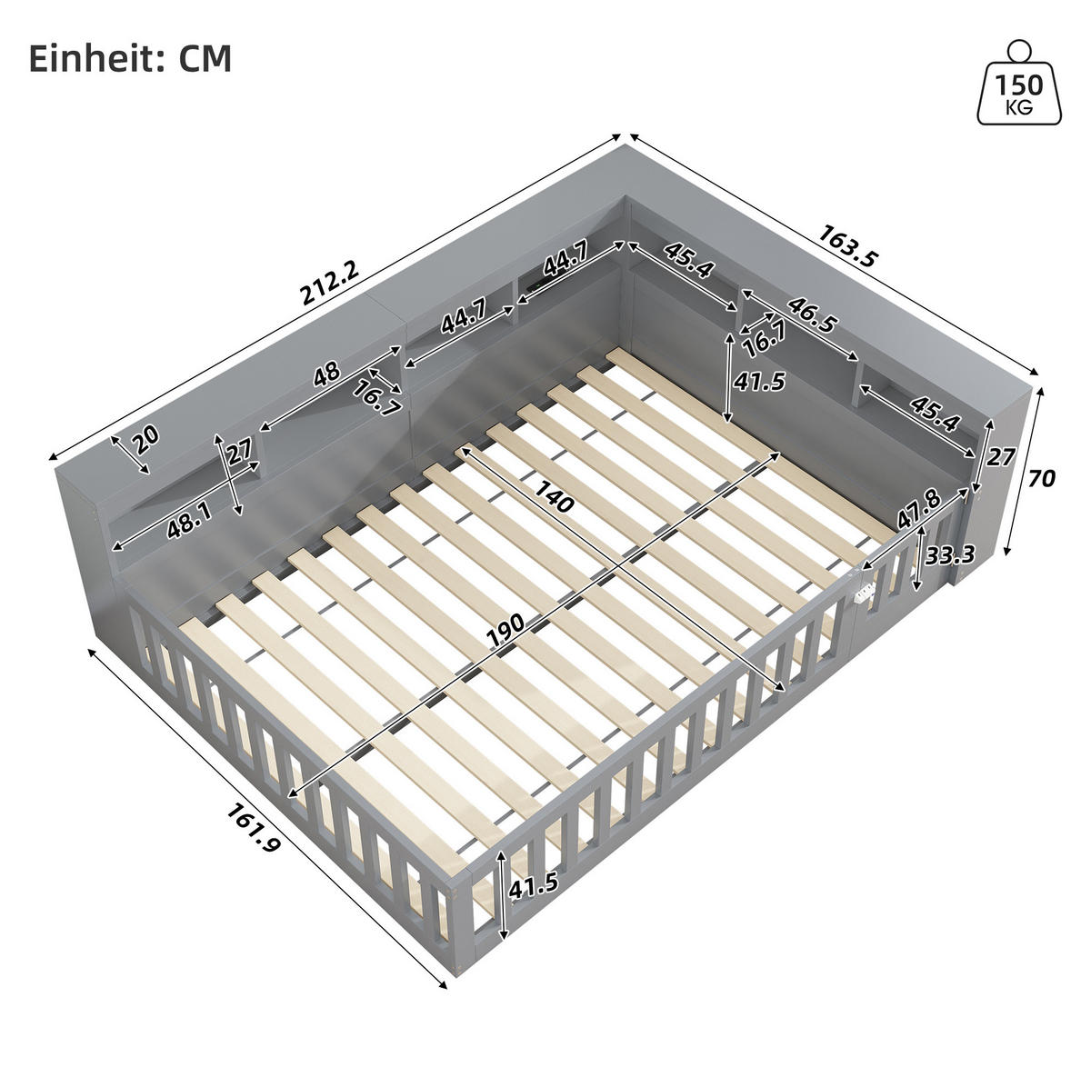 KINDERBETT Tagesbett 140/190 cm aus Spanplatte und MDF mit USB, Steckdose und Stauraum Grau - Grau, Holzwerkstoff (140/190cm) - Modenvie
