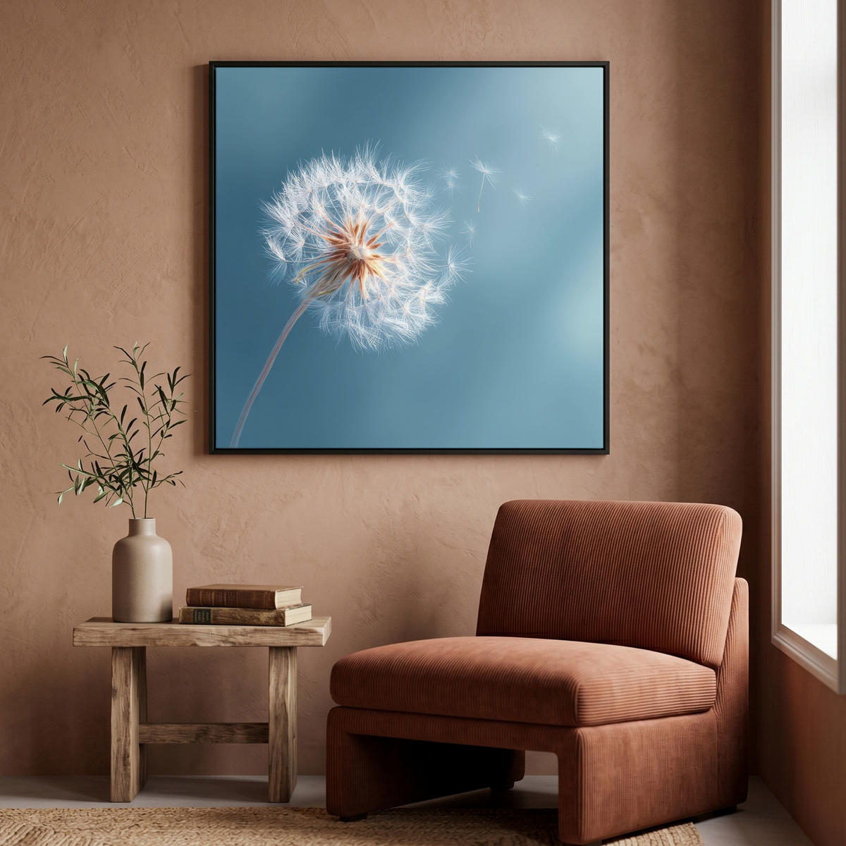 LEINWAND Bilder mit Rahmen - Löwenzahn - Wind - Blau - 90x90 - Blaugrau, Textil (90/90cm) - MuchoWow