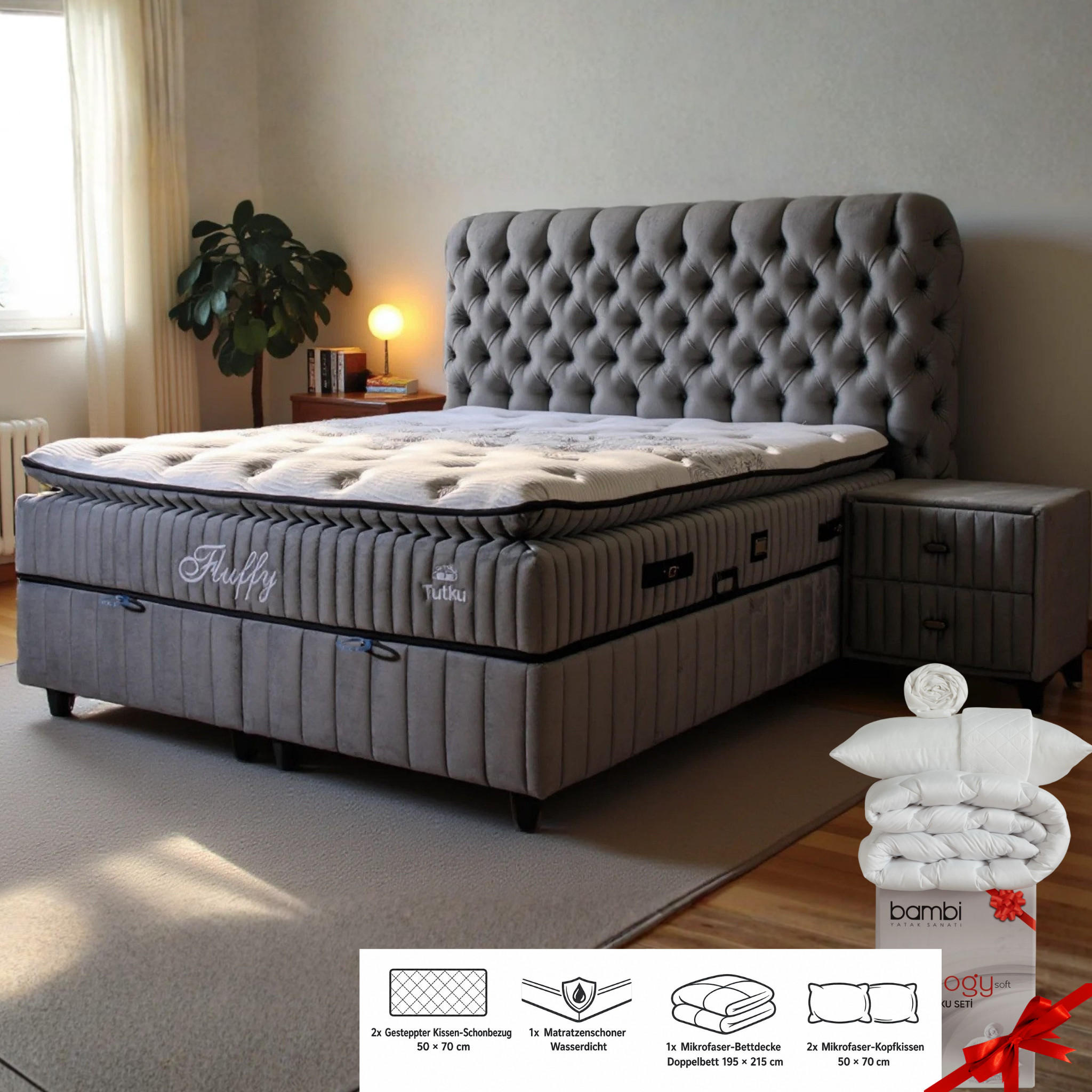BOXSPRINGBETT Fluffy Set Nature Boxspringbett 140x200 mit Matratze inkl. Lieferung - Anthrazit, Holz (140/200cm) - Gowoll
