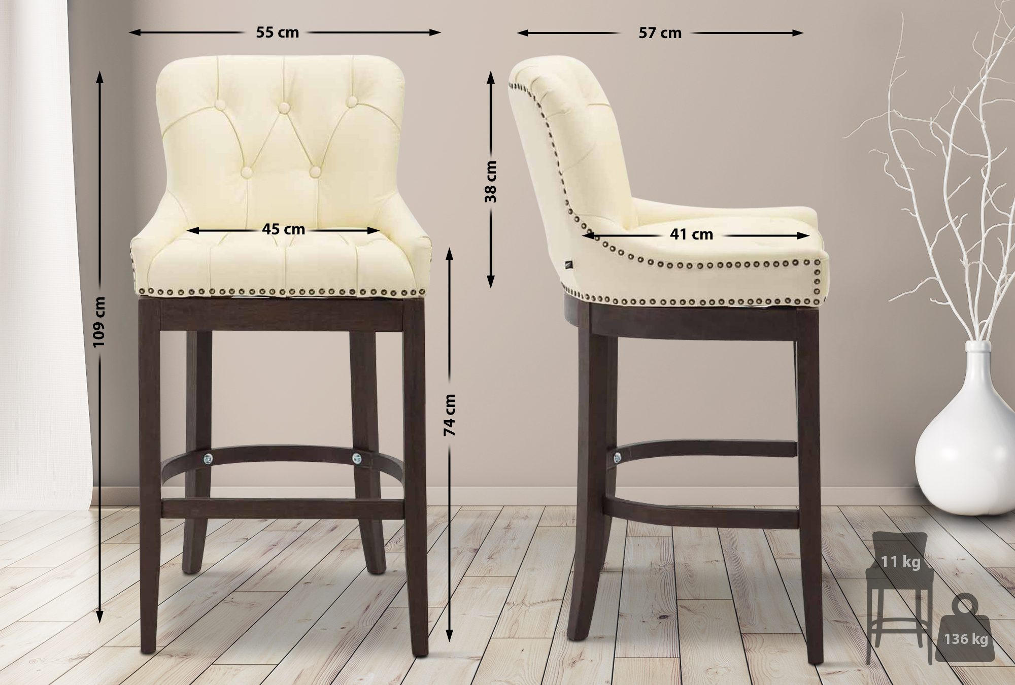 BARHOCKER Echtleder creme - Dunkelbraun/Creme, Leder/Holz (55/109/57cm) - CLP