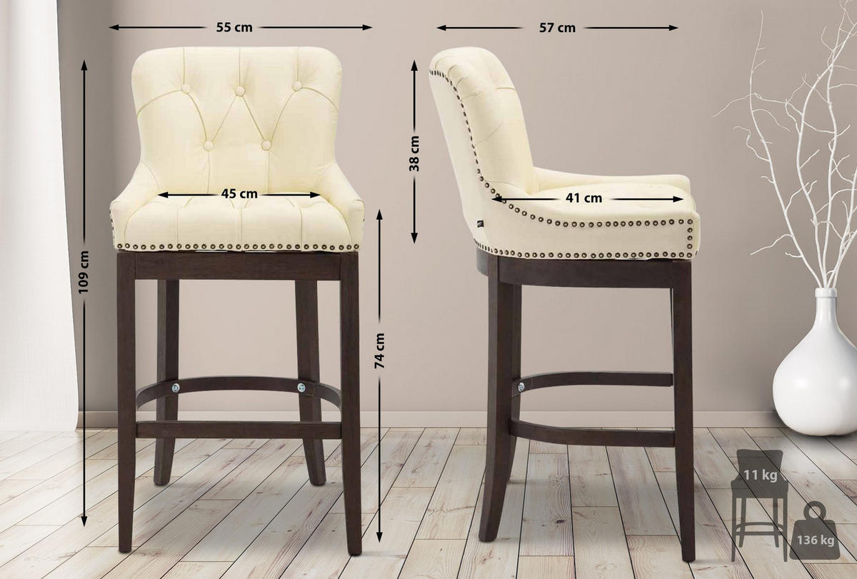 BARHOCKER Echtleder creme - Dunkelbraun/Creme, Leder/Holz (55/109/57cm) - CLP