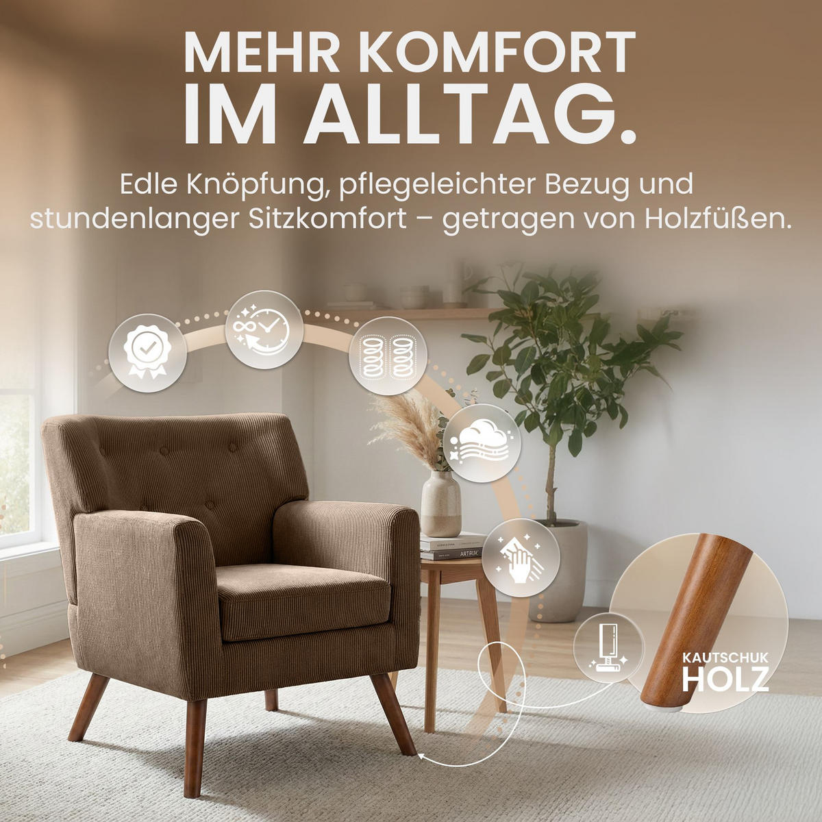SESSEL Cord Dunkelbraun - Dunkelbraun/Braun, Holz/Textil (72/80/74cm) - CLP