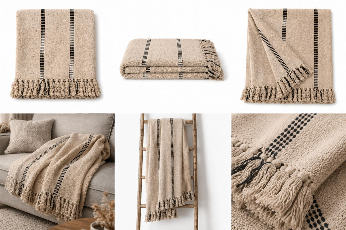 DECKE Streifen Groß 130x180 cm, 100% Baumwolle, Beige/Schwarz - Naturfarben, Textil (130/180cm) - Au Maison