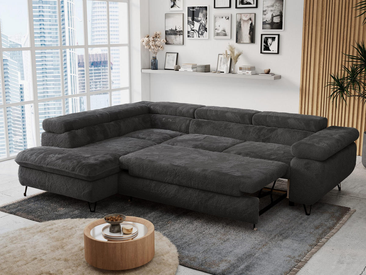ECKSOFA PETER L Anthrazit Plüsch - Links Seite - Anthrazit/Schwarz, Textil/Metall (208/273cm) - MKS