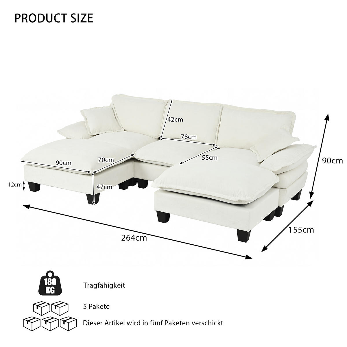 ECKSOFA 263/151/90 cm Beige aus Chenille mit 2 Ottomanen - Beige, Textil (151/263cm) - OKWISH