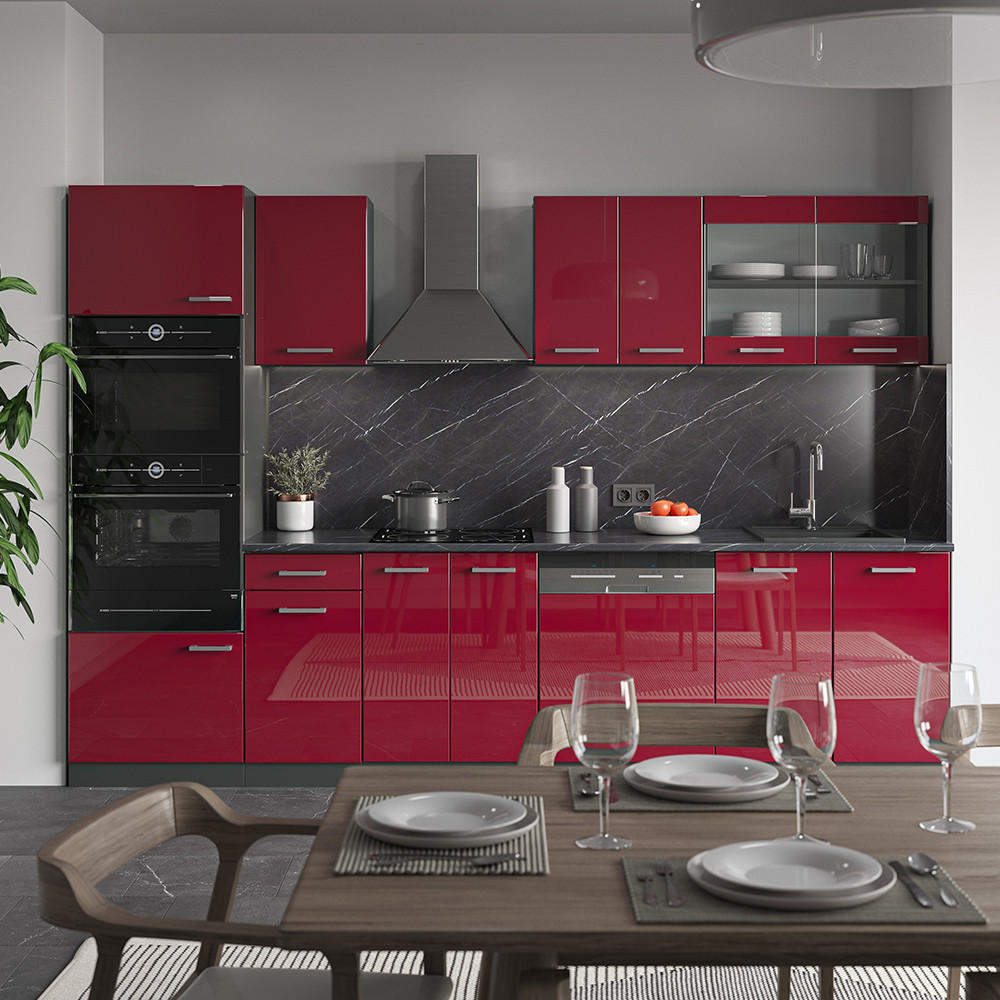 KÜCHENZEILE R-Line Rot Hochglanz/Anthrazit 300 cm mit Hochschrank, ohne Arbeitsplatte - Anthrazit/Rot, Holzwerkstoff (300/81.6/46cm) - Vicco
