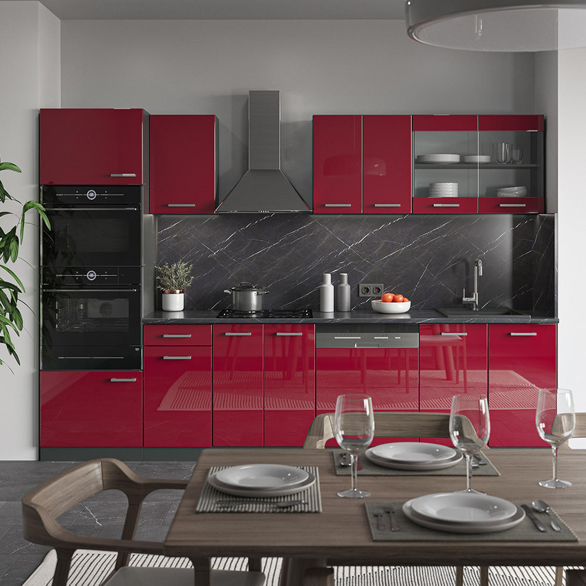 KÜCHENZEILE R-Line Rot Hochglanz/Anthrazit 300 cm mit Hochschrank, AP Eiche - Anthrazit/Rot, Holzwerkstoff (300/81.6/60cm) - Vicco