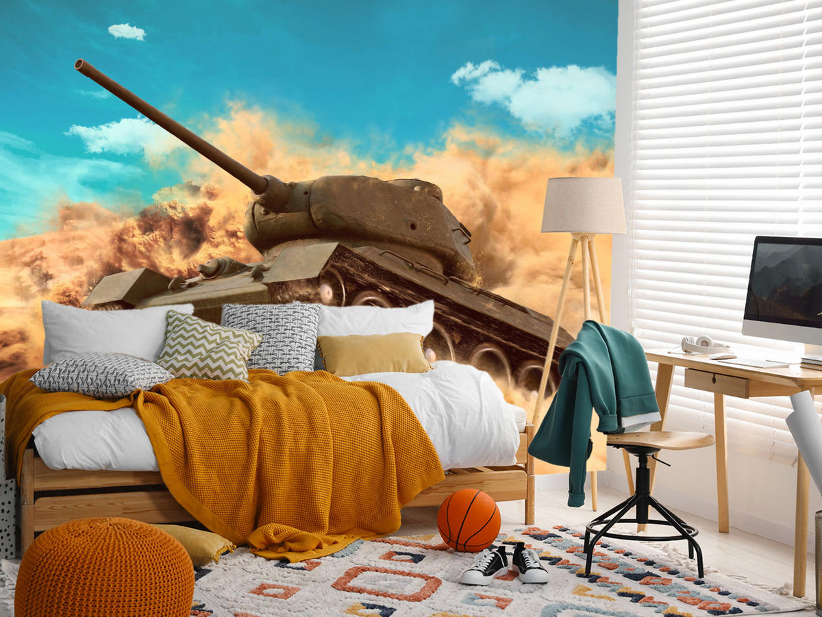 FOTOTAPETE für Jugendzimmer Kampfs Panzer Wüste Sand Dynamik 250x175 - Blau/Beige, Papier (250/175cm) - Muralo